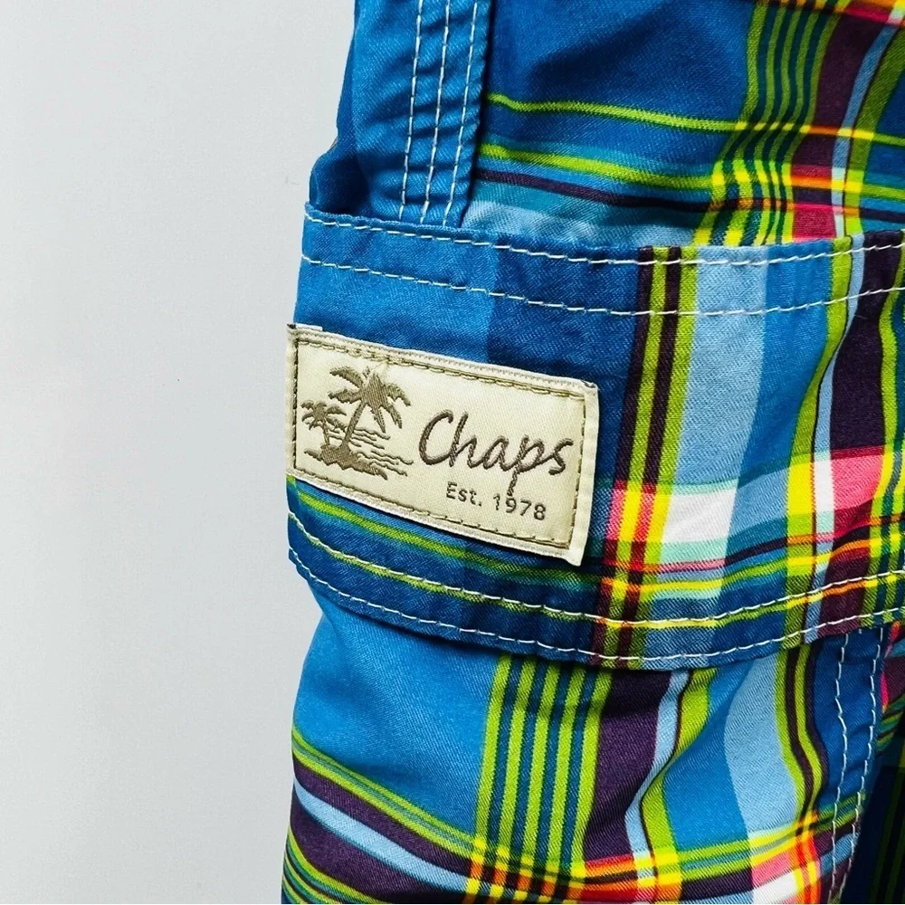 Chaps Mens XL Swim Trunks Plaid Blue Green Cargo Pocket Mesh Lined Board Shorts